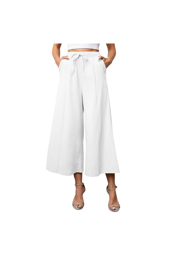 Womens Wide Leg Capri Pants Elastic Waisted Drawstring Casual Loose Crop Pants with Pockets