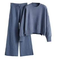 Women's 2 Piece Sweater Outfits Set s Fall Clothes for Ladies Long Sleeve Crewneck Sweater Solid Color Loungewear Casual Loose Wide Leg High Waisted Pants Comfy Blue Free Size