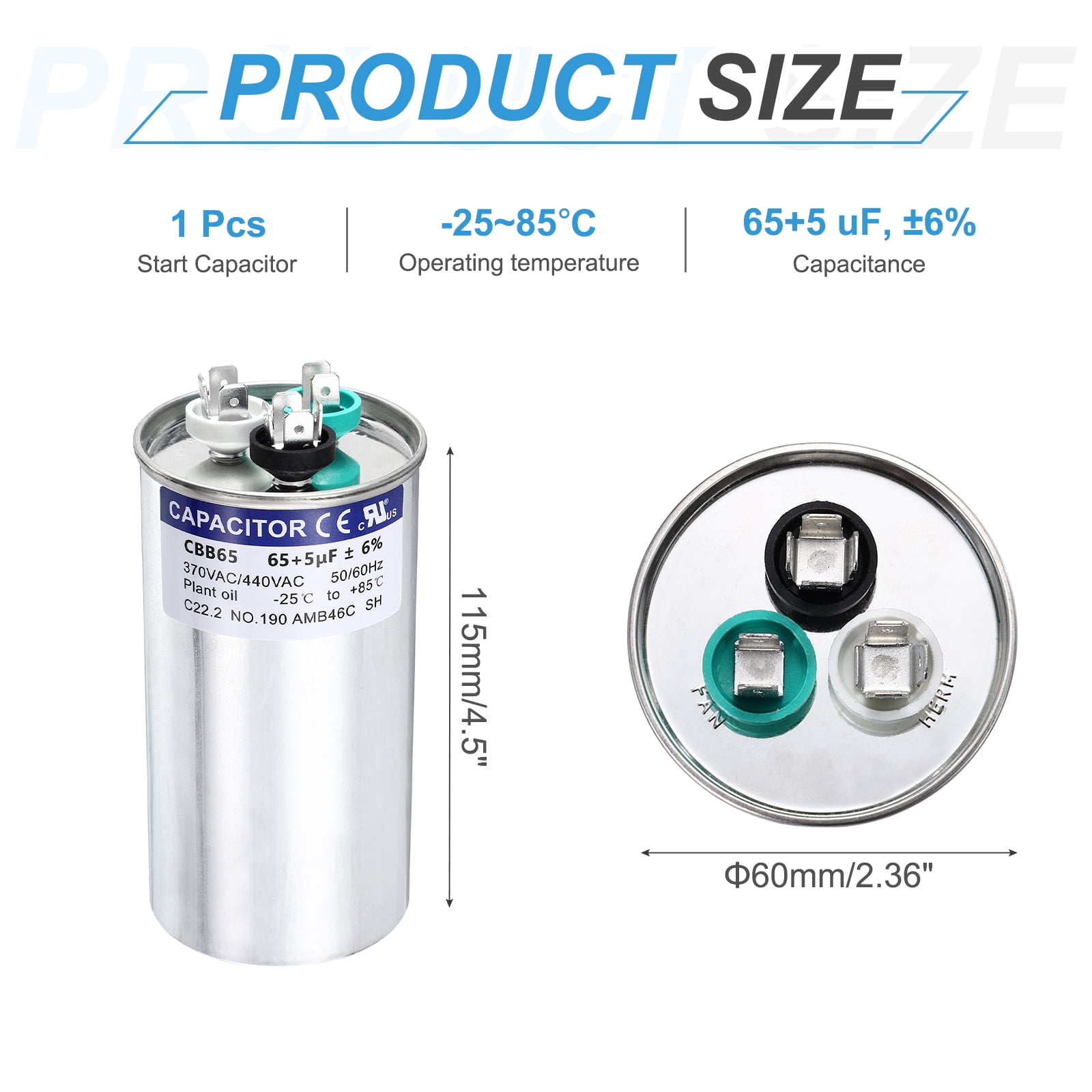 Uxcell 65+5MFD CBB65 Run Start Capacitor 65+5uF, 370/440V Round AC Capacitor for AC Motor Run, HVAC, Air Conditioner, Condenser Motors