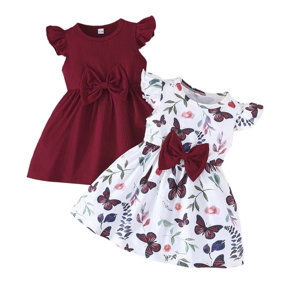 FYDUU 2 Pack Baby Girls Dress Summer Sundress Adorable Print Ruffles Sleeve Bowknot Dresses Cute Floral Dress Girl Clothes 9-12 Months