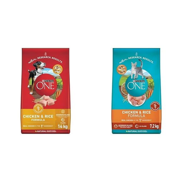Purina ONE Smartblend Natural Dry Dog Food, Chicken & Rice 14 kg & Purina ONE Dry Cat Food, Chicken & Rice Formula - 7.2 kg Bag