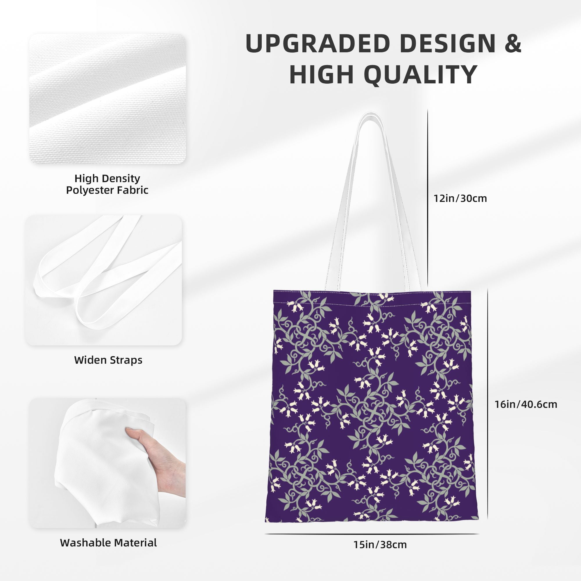 DouZhe Reusable Grocery Bags Damask Style Blue Flower Lightweight Polyester Canvas Cloth Tote Bag for Travle Gym Shopping School 15 x 16