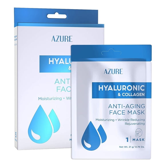 AZURE Mascarilla facial antienvejecimiento con ácido hialurónico y colágeno, mascarilla facial rejuvenecedora e hidratante, ayuda a reducir las líneas finas y las arrugas, aprieta y suaviza, cuidado d