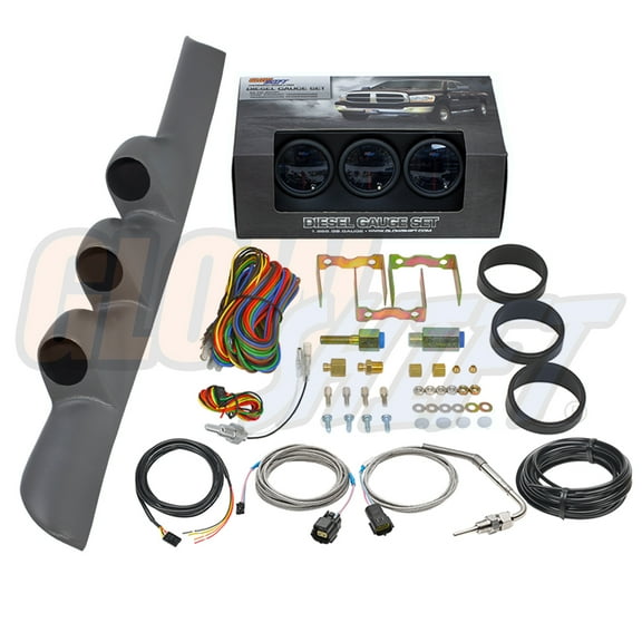 GlowShift | 2nd Gen 1998-2002 Dodge Ram 5.9 Cummins Gray Triple Pillar Pod with Tinted 7 Color Series 60 PSI Boost Gauge, 1500 Pyrometer EGT Gauge & Trans Temp Gauge