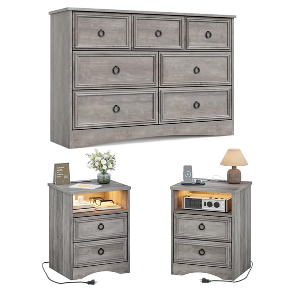 LGHM 3 Piece Bedroom Dresser Set, 7 Drawer Dresser, 2 Drawers Nightstand set of 2, with LED Lights, Gray Wash