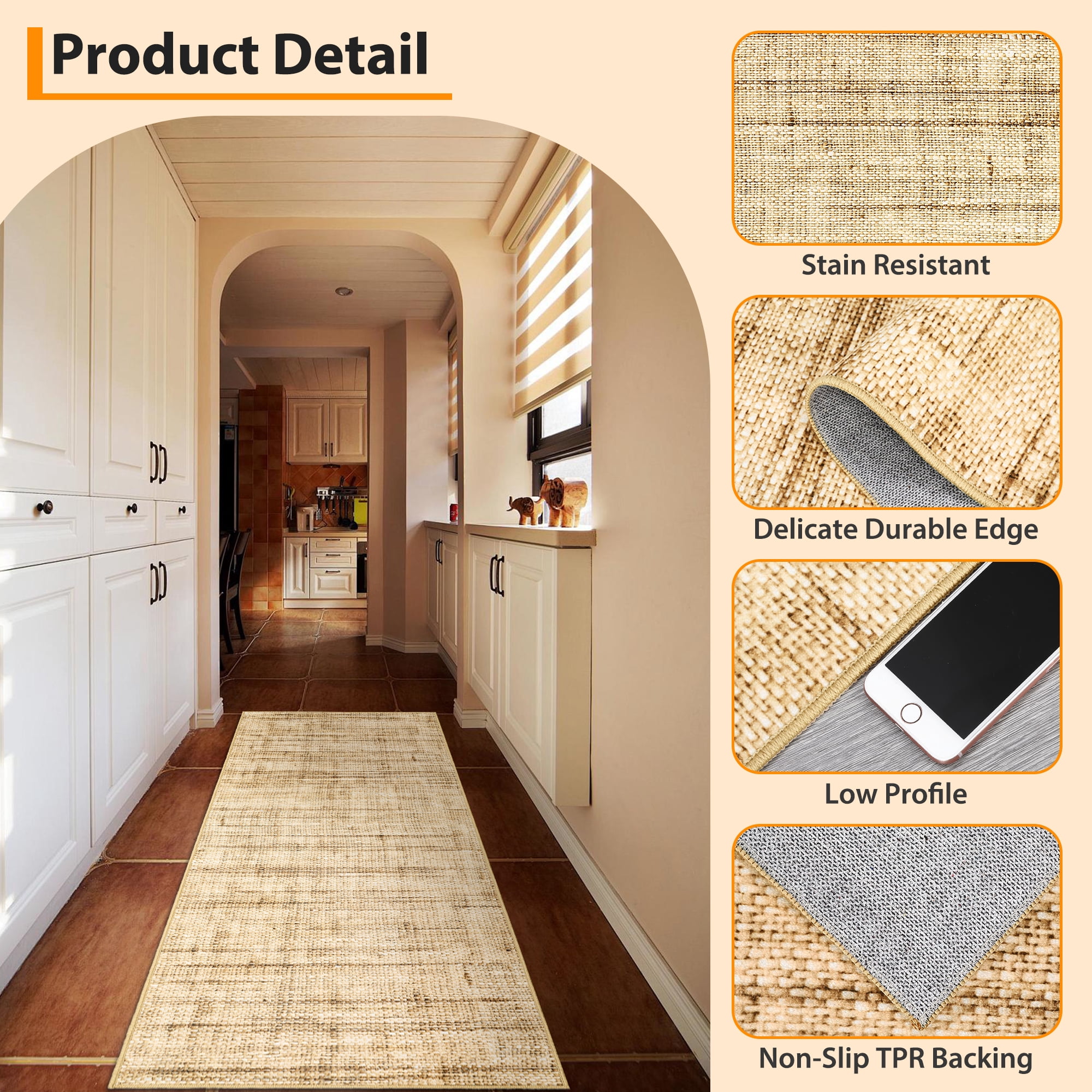 FairOnly 8'x10' Linen Machine Washable Area Rugs for Kitchen Family Room Low Pile Stain-Resistant Rugs Natural Carpet