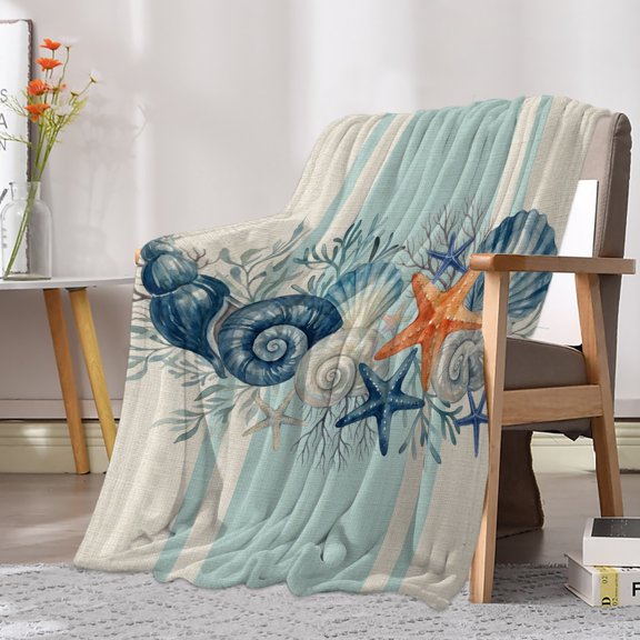 Flannel Fleece Throw Blanket Retro Summer Sea Stars Shells Corals Lightweight Soft Plush Blankets 30x40in, Blue Striped Cozy Warm Throw Blanket for Couch Sofa Bed Car Office