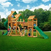 Gorilla Playsets Treasure Trove Treehouse Wooden Swing Set with 2 Belt Swings, Clatter Bridge and Tower, and 2 Slides