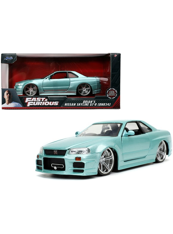 PACK OF 2 - "Brian's Nissan Skyline GT-R (BNR34) RHD (Right Hand Drive) Turquoise Metallic Fast & Furious"" Movie 1/24 Diecast Model Car by Jada"""