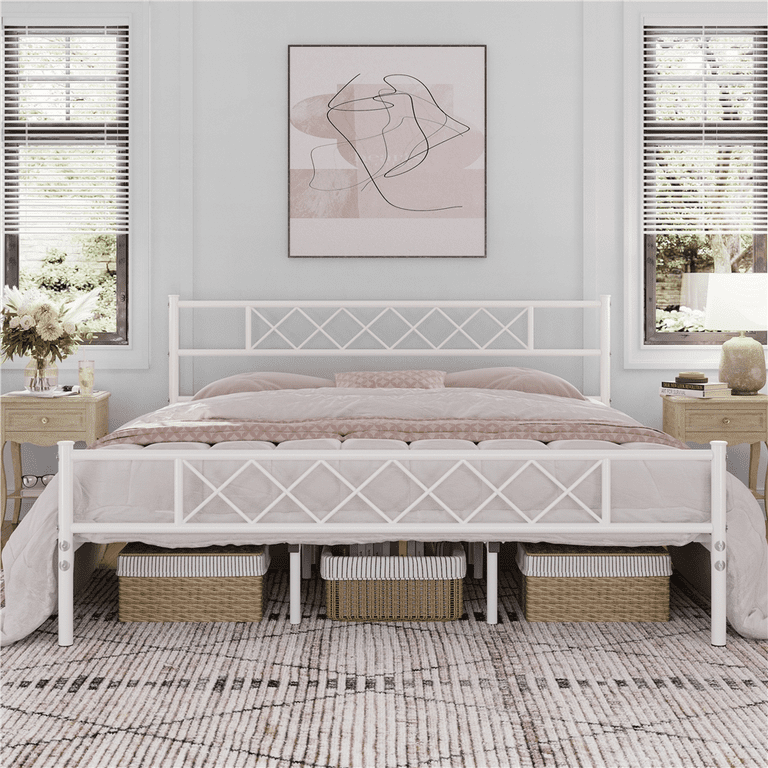 Topeakmart King Size Metal Bed Frame with Cross-Design