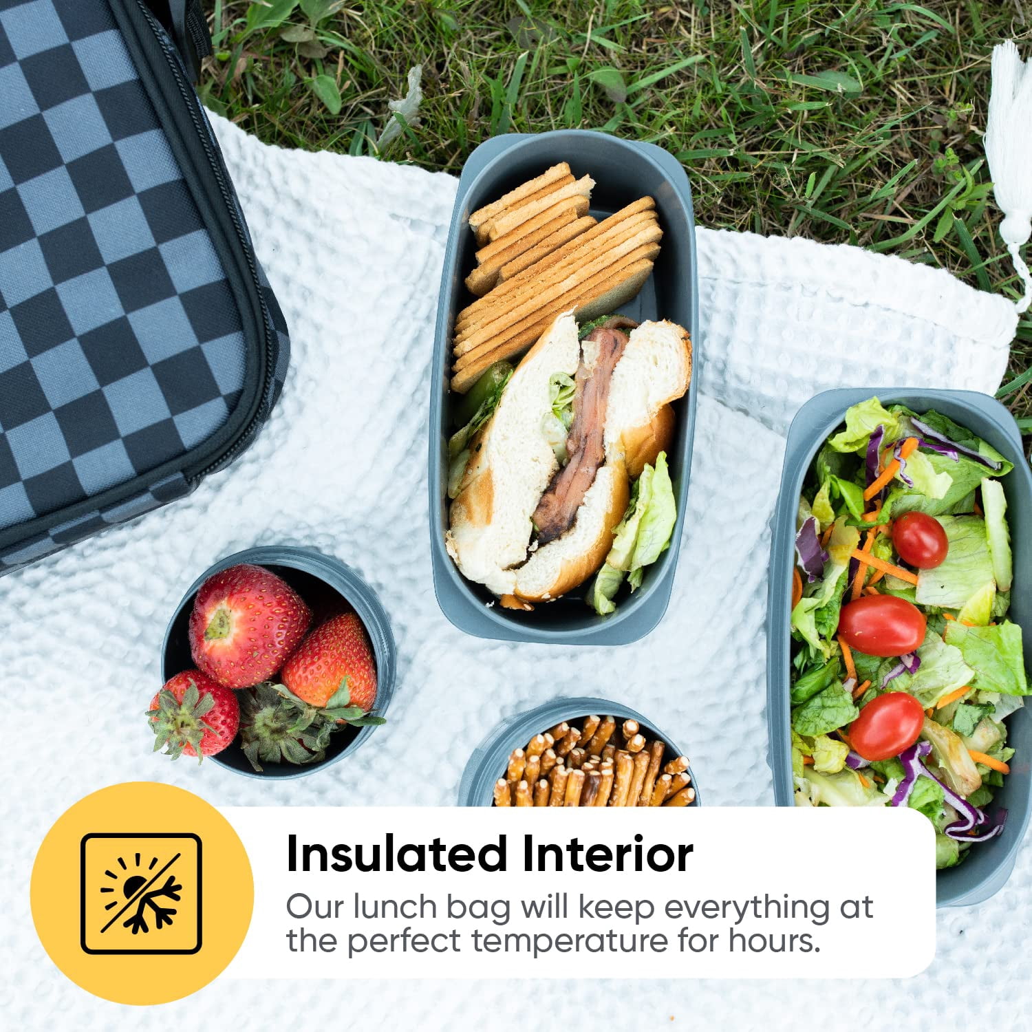 Insulated Lunch Bag with Containers, Thermal Lined Lunch Box, Reusable Leak Proof Containers for Work, Travel, and Beach, Grey Checked Small Lunch Bag with Adjustable Strap, Easy to Clean