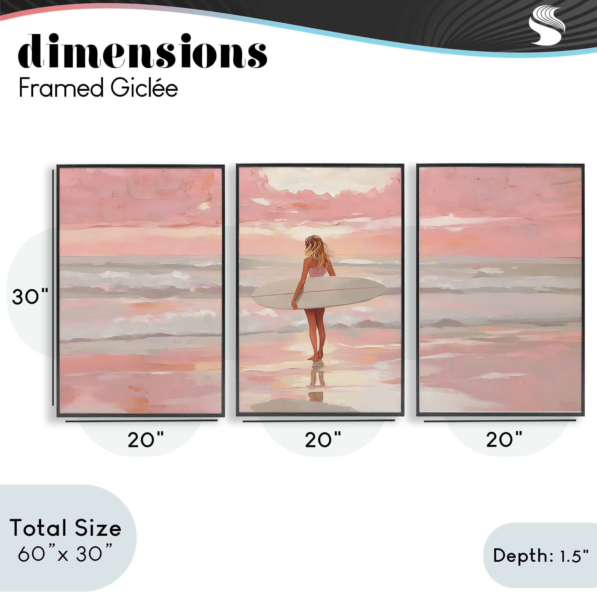 Stupell Industries Pink Sky Surfer Sunrise 3 Piece Black Framed Giclee Art Set, design by LSR Design Studio