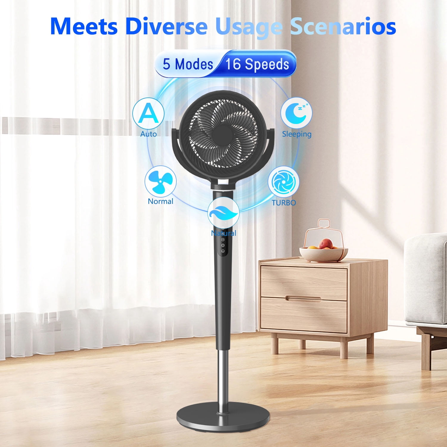 Pedestal Fan with Remote & Adjustable Height , Quiet 16 Speeds & 5 Modes, 120° Dual-Axis Oscillating Standing Fan,12H Timer for Home Office Bedroom