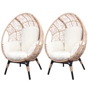 ZHYNGTNG 2 Pieces Patio PE Wicker Egg Chairs Model 3 with Natural Color Rattan Beige Cushion