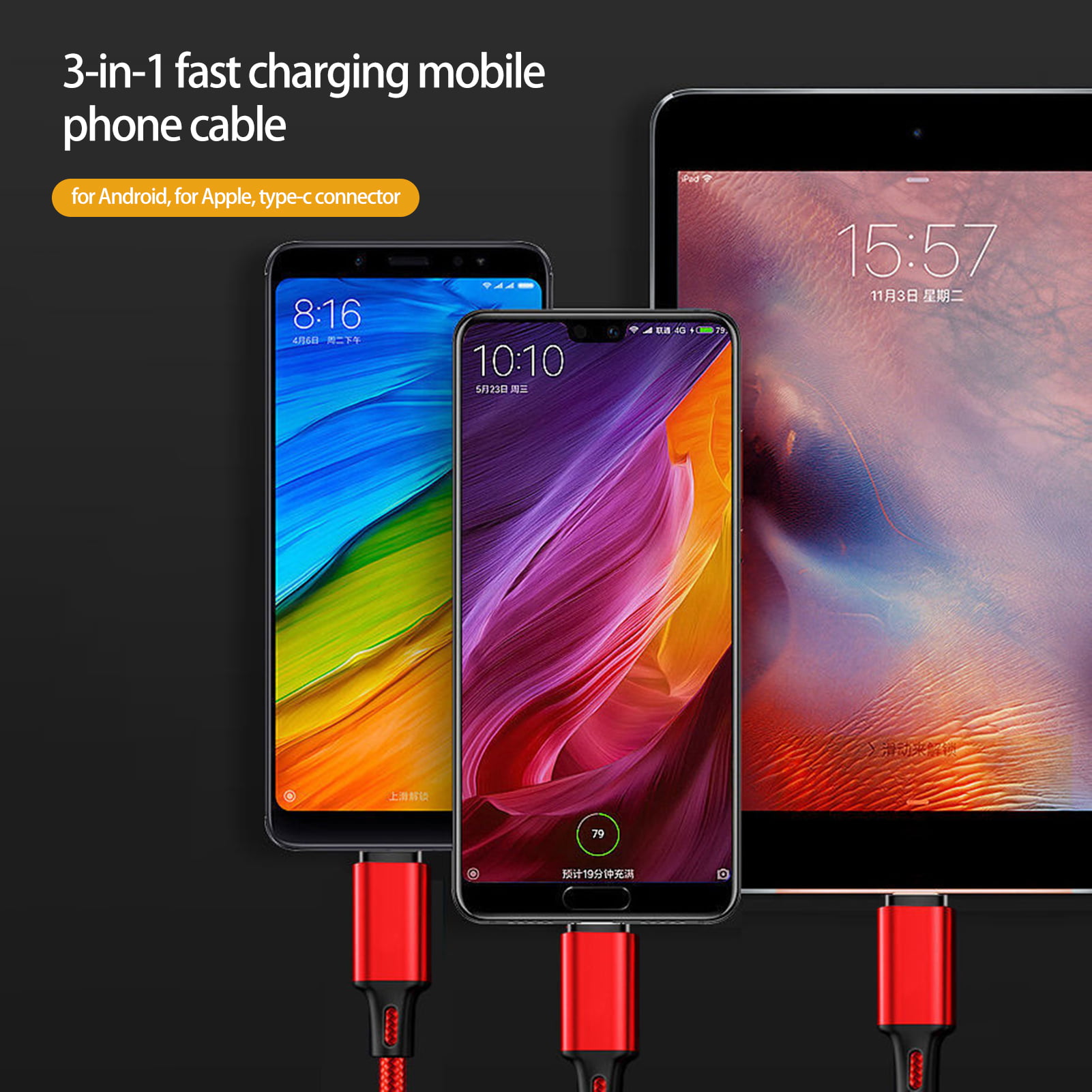 Câble de données de chargement de téléphone portable câble de Date  trois-en-un Android Ios type-c 6A – Oz Marketplace