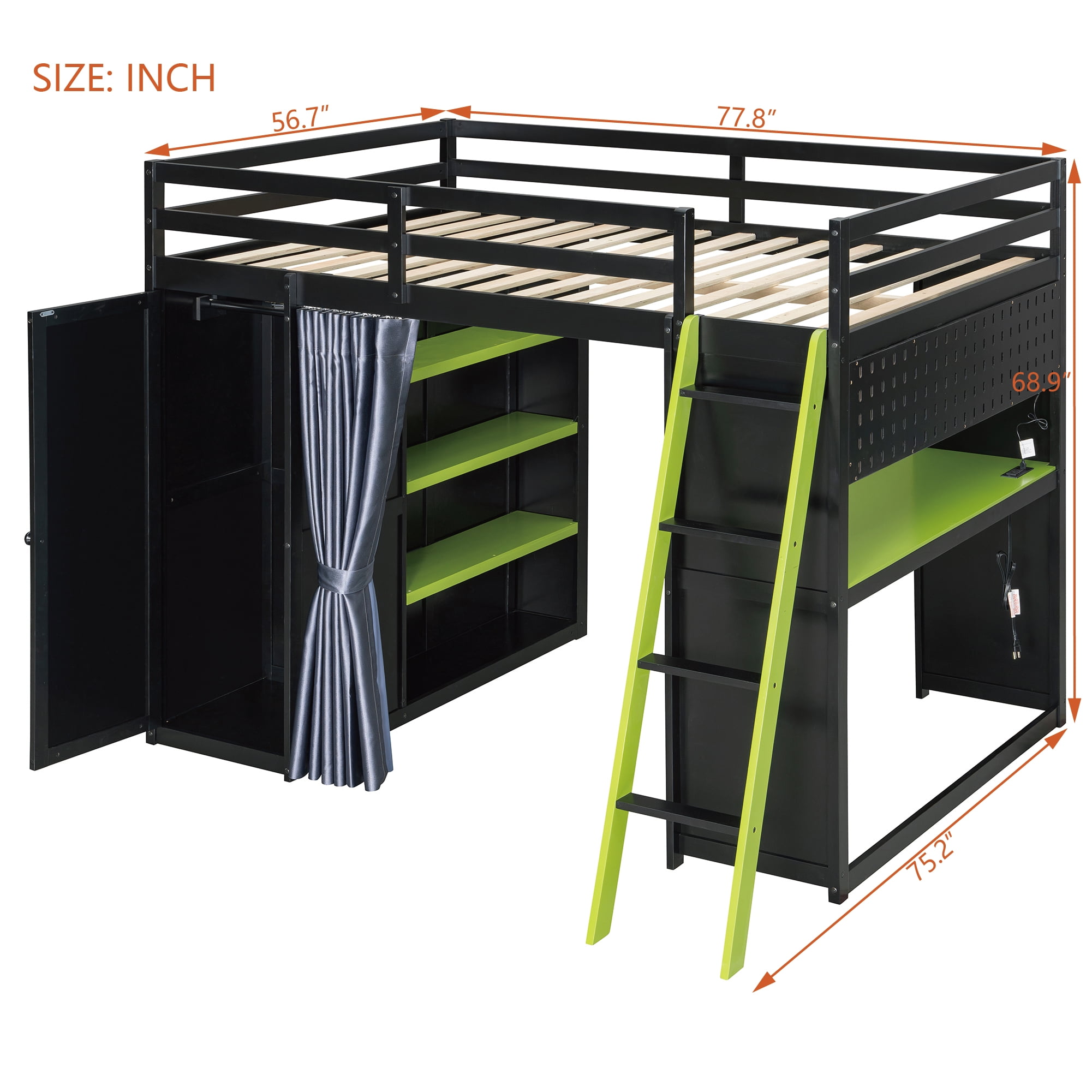 Mintazer Full Size Loft Bed with Wardrobe, Storage Shelves, Desk, Blackout Curtains, Charging Station & Lights Game Bed Frame for Teens, Black & Green
