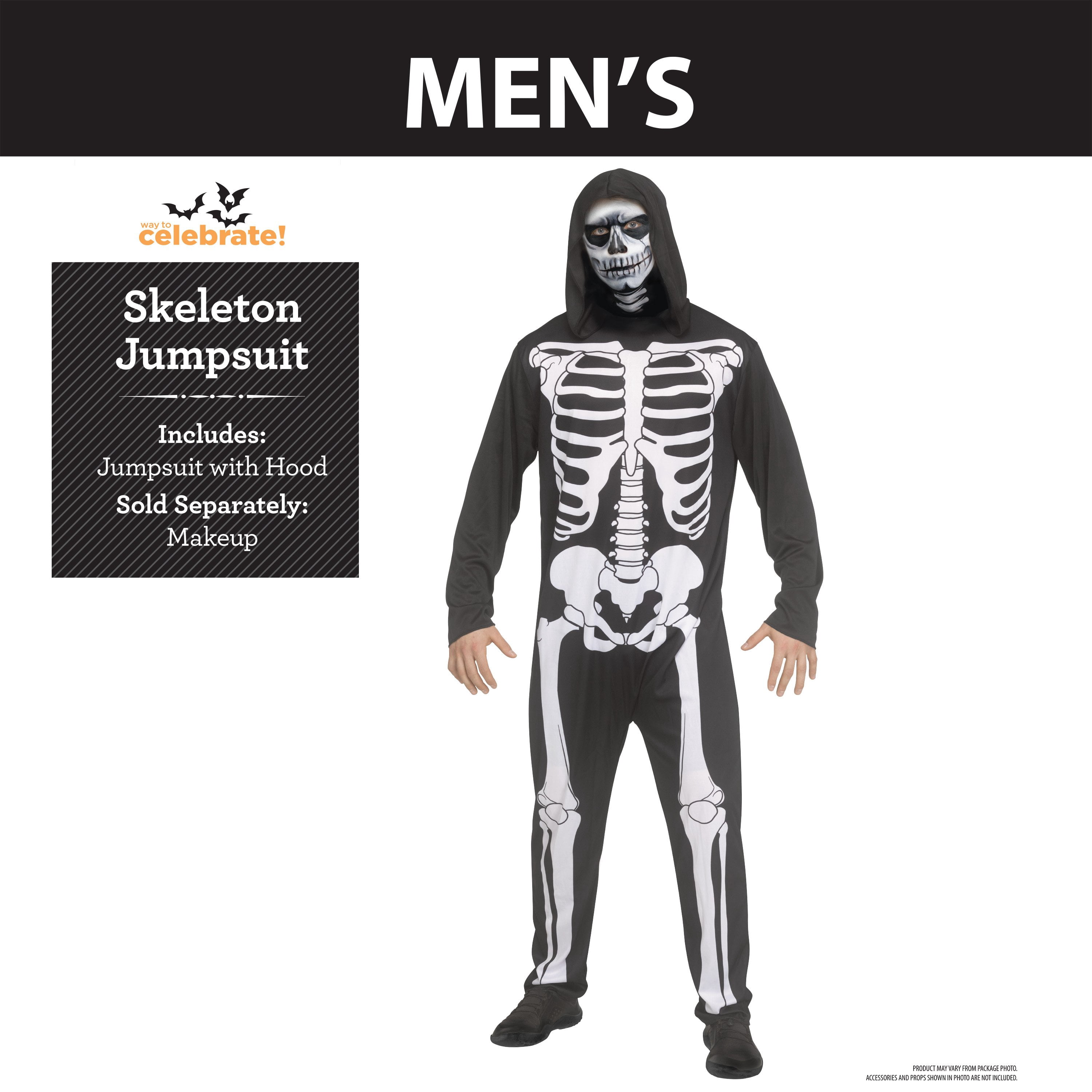 Skeleton Jumpusit Halloween Costum for Adults, Men's Size M (32/34), by Way to Celebrate