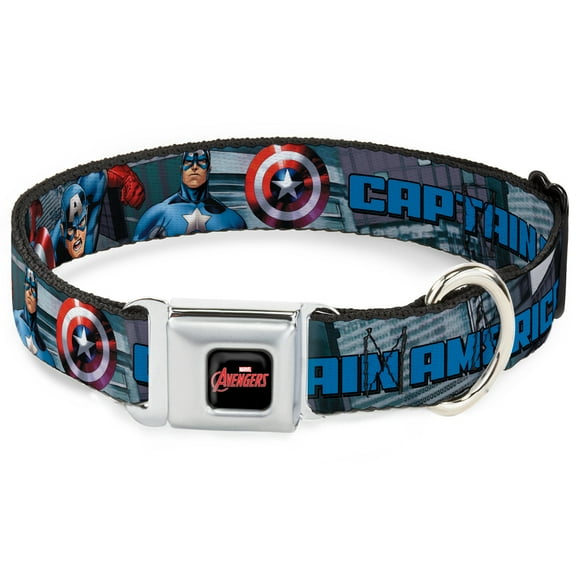 Marvel Comics Pet Collar, Dog Collar Metal Seatbelt Buckle, Captain America Avengers Logo Cityscape, 9.5 to 13 Inches 1.0 Inch Wide