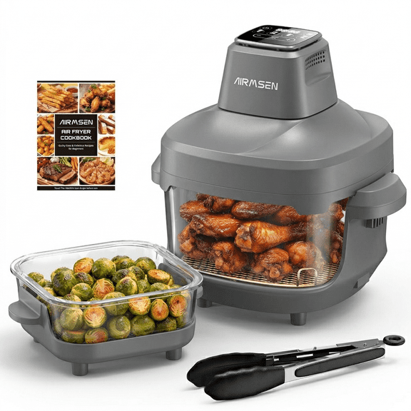 AIRMSEN Portable Glass Air Fryer, 4.8QT Non-Toxic Glass Bowls, Max 450 F, 4 Preset Modes with Adjustable Time and Temp, Dishwasher-Safe, 1500W