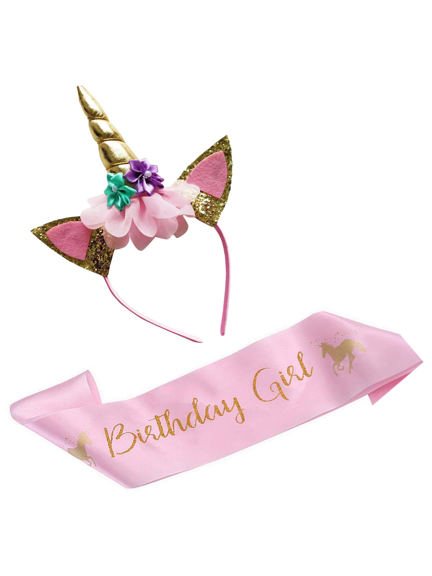 Birthday girl set of gold glitter headband and pink satin Pip YEHN 