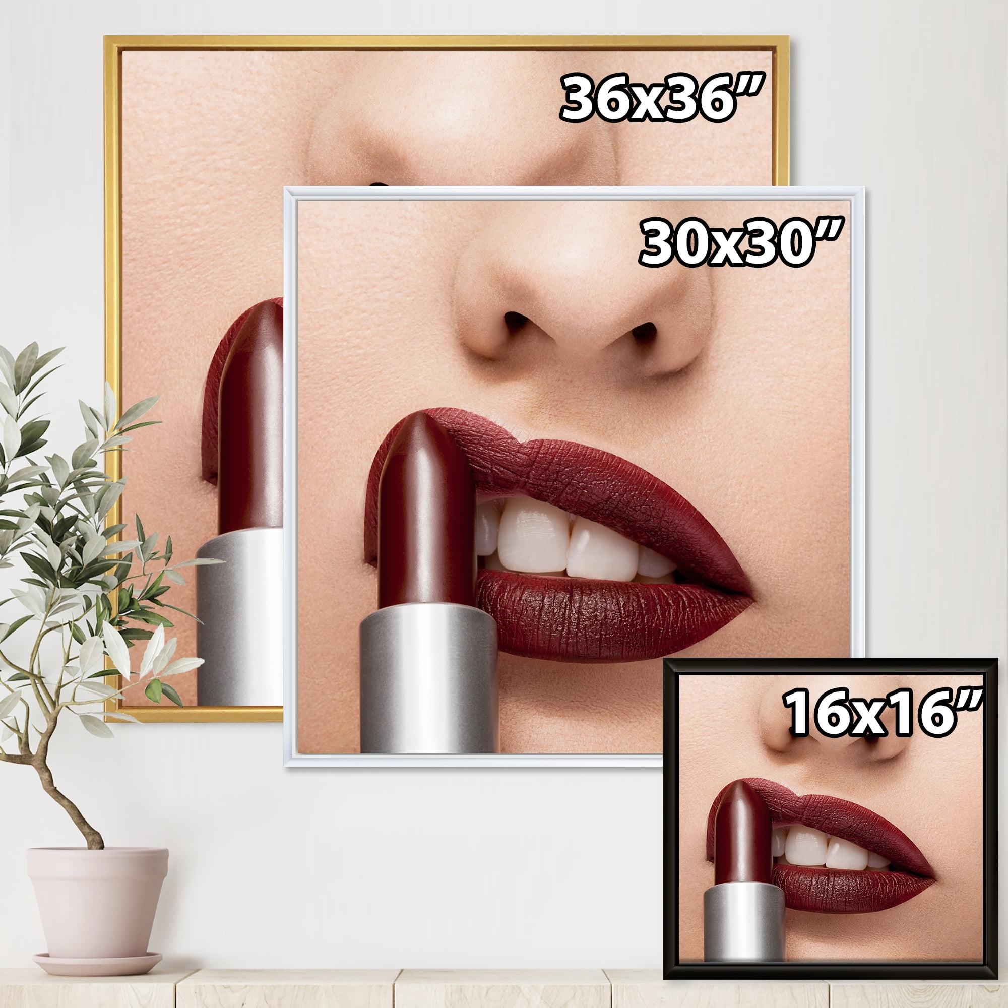 Designart 'Red Lipstick Getting Applyed On Woman Lips' Modern Framed Canvas Wall Art Print