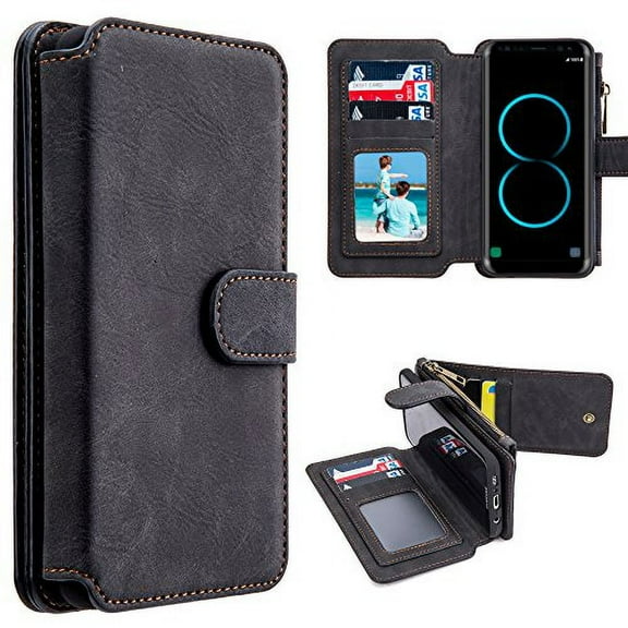 GSA Luxury Folio Flip Leather Wallet Case For Samsung Galaxy S8 - Black