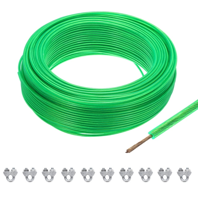 Uxcell 9/64 Green Vinyl Coated Wire Rope 328ft Galvanized Steel with 10PCS M5 Loop Sleeves