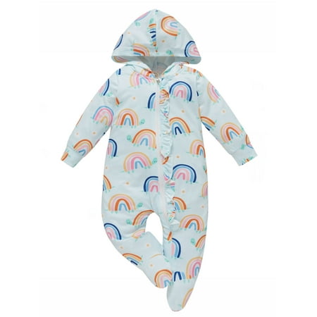 

Liliz Baby’s Casual Long Sleeve Footed Jumpsuit Fresh Rainbow Print Zipper Hooded Long Romper
