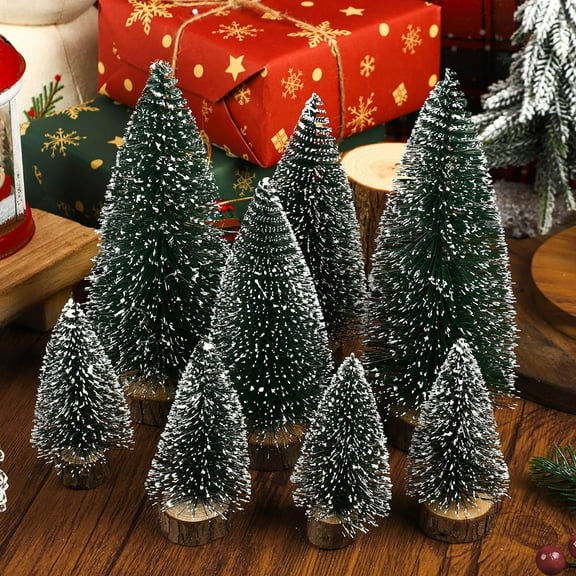 8 PCS Christmas Mini Trees 3 Size Christmas Snowy Sisal Tree Frosted Bottle Brush Trees with Wooden Base for Winter Xmas Party Home Table Craft