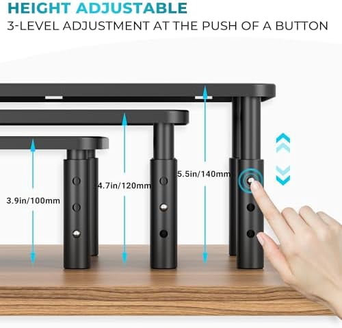 Monitor Stand 2 Pack Height Adjustable Metal Riser with Pen Holder, Black, 14.5” x 9.1”, Ergonomic Desktop Stand for Computer, Printer, Laptop, Adjustable Desk Riser with Cable Management