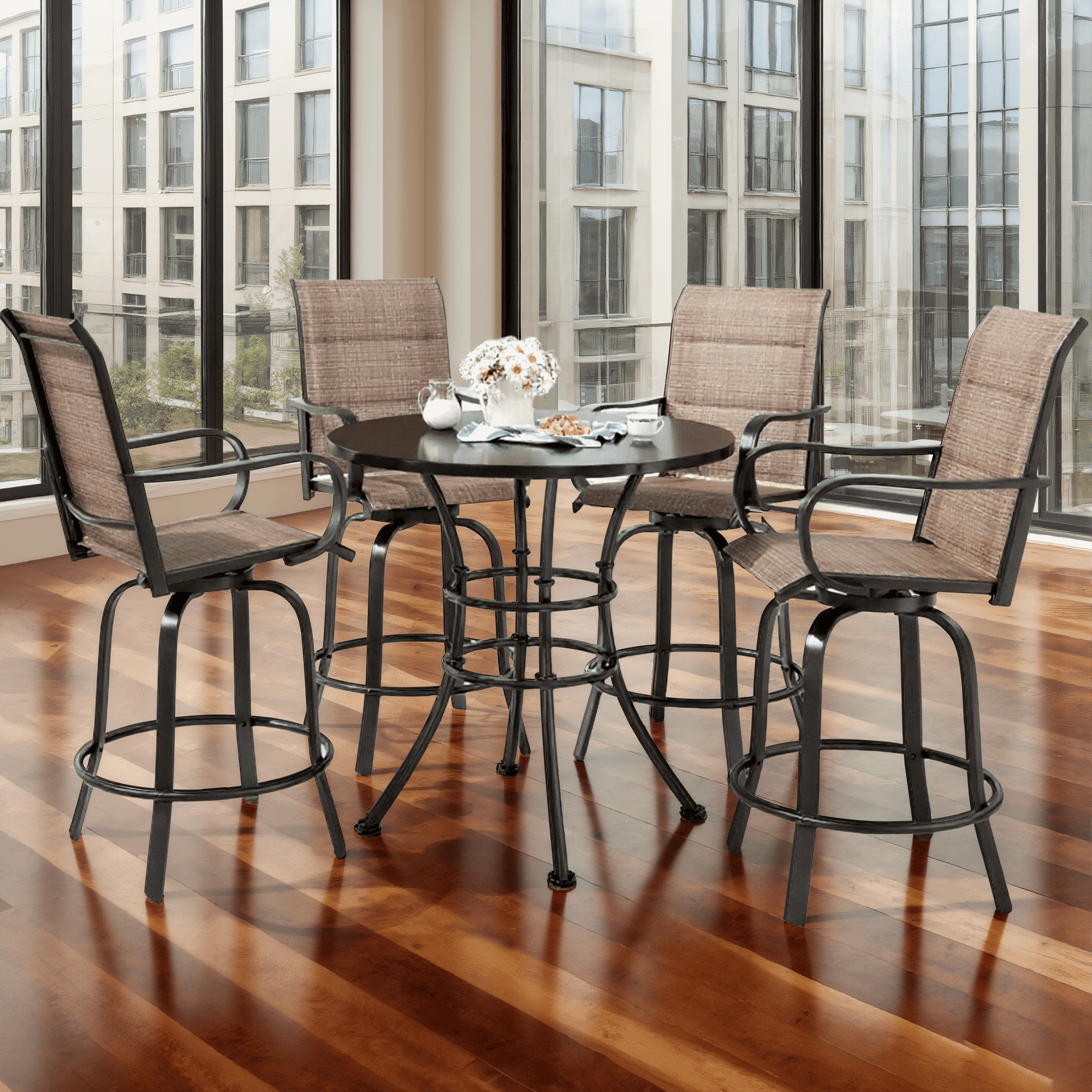 MAYEERTY 2-Piece Outdoor Bar Height Tall Stools Set,Paded Textilene,360°Swivel, Ergonomic for Balcony, Brown