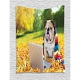 thumbnail image 1 of English Bulldog Tapestry, Dog in the Park with a Laptop and Rainbow Colored Scarf Funny Photography, Wall Hanging for Bedroom Living Room Dorm Decor, 60W X 80L Inches, Multicolor, by Ambesonne, 1 of 2
