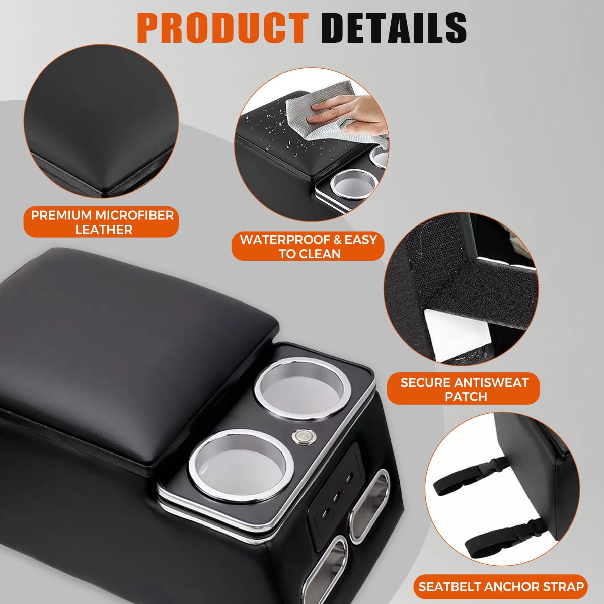 Black Universal Truck Seat/Bench Organizer with LED Light, USB Port, Cup Holders, Armrest, Padded Top Lid - Ideal for Business Upgrade Center Console Organizer