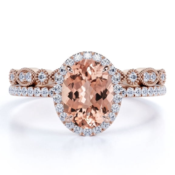JeenMata Huge 1.75 Carat Oval Cut Created Morganite Wedding Set - Bridal Set - Wedding Trio Set - Halo Ring - Art Deco Ring - 18K Rose Gold Over Silver