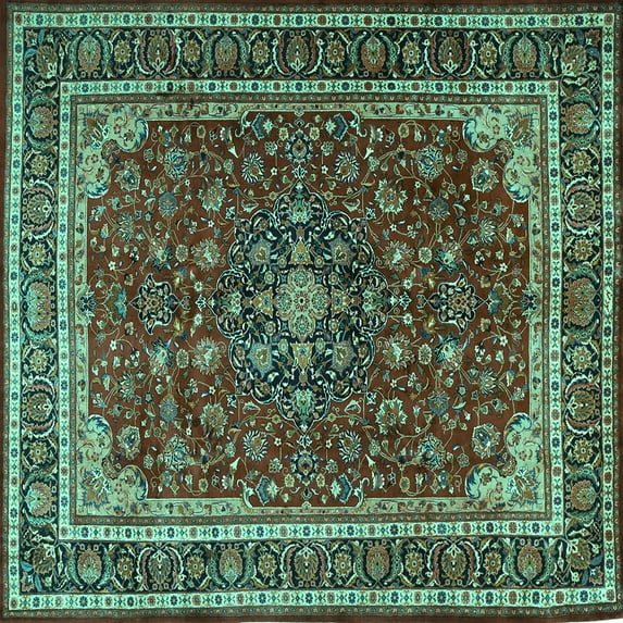 Ahgly Company Machine Washable Indoor Square Medallion Turquoise Blue Traditional Area Rugs, 4' Square