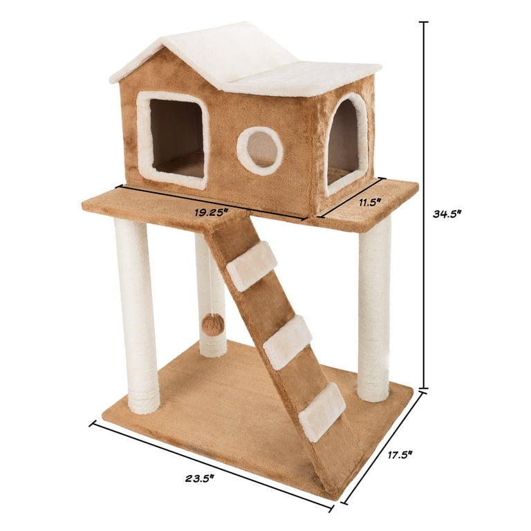 3 Tier Cat Tree Plush Multilevel Cat Tower with Scratching Posts Climbing Ladder Cat Condo and Hanging Toy for Cats and Kittens By PETMAKER 34.5