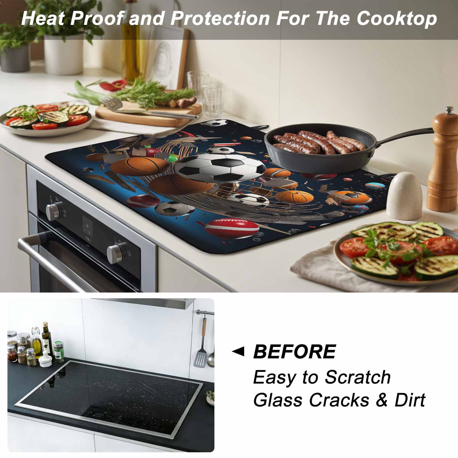 Sports Stove Top Cover for Electric Stove, Heat-proof & Non Slip Glass Top Stove Cover Protector, Football Basketball Baseball Ball Games Kitchen Flat Cooktop Rubber Mat 24x21 Inches