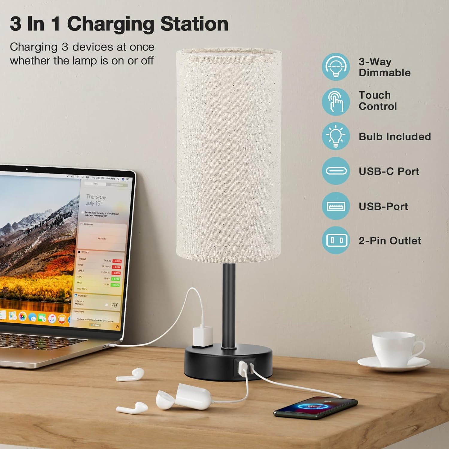 LOFTER-PRO Bedside Table Lamp for bedroom, 3 Way Dimmable Touch Lamp with USB Port and AC Outlet, Small Desk Lamp for Night Stands, Living Room, Office