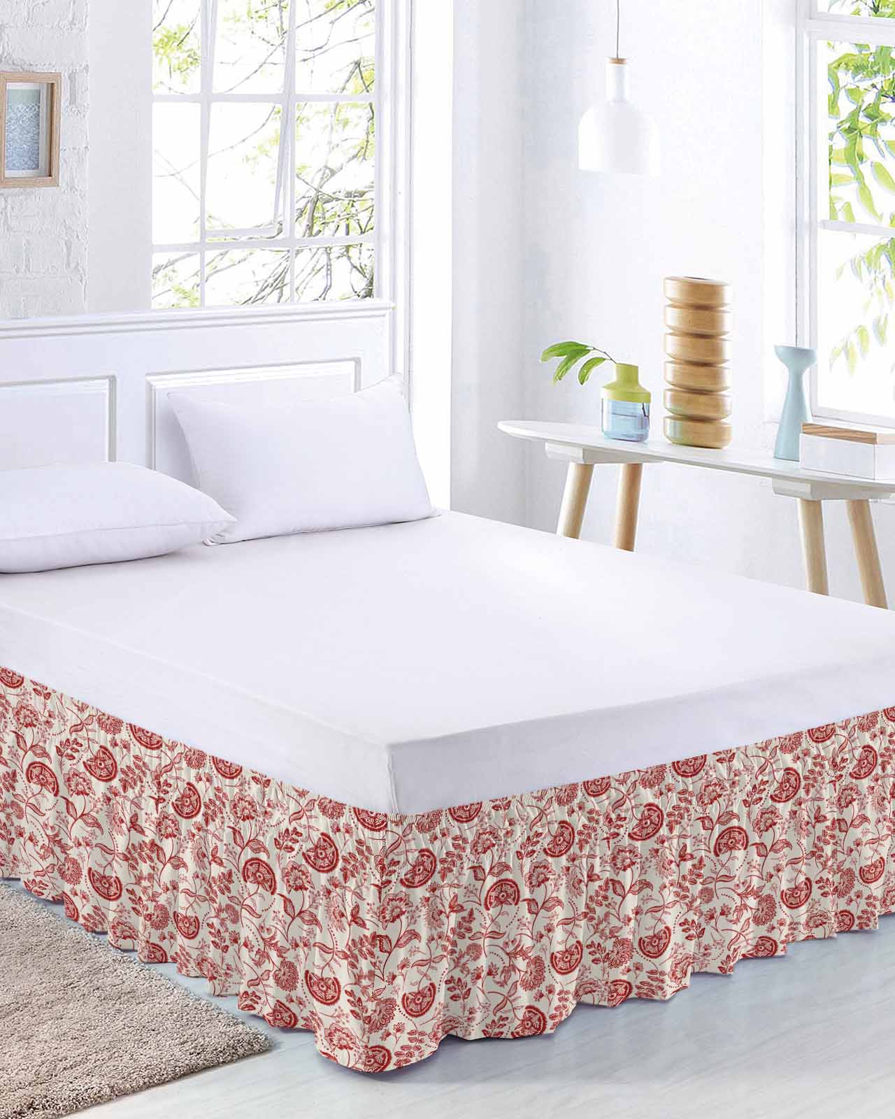 Farmhouse Red Floral Bed Skirt King Size 16 Inch Drop, Linen Boho Flower Rustic Country Adjustable Elastic Dust Ruffles Bedskirt for King Bed Wrap Around Pleated Mattress Frame Cover