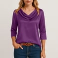 thumbnail image 6 of Women's Silk Satin Blouse Dressy Casual Cowl Neck 3/4 Length Sleeve Tops Business Work Shirts Light Purple M, 6 of 8