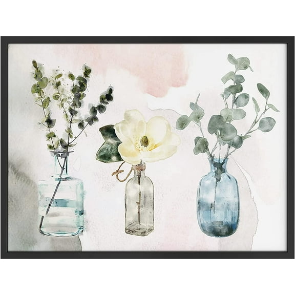 PixonSign Framed Wall Art Print White Camellia Flower with Vases Botanical Plants Watercolor Modern Art Glam Group Colorful Multicolor Pastel for Living Room, Bedroom, Office - 12"x16" BLACK