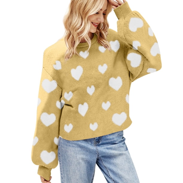 Gibobby Sueteres Para Mujeres Calientitos Elegantes 2024 suéter de punto de cuello redondo para mujer(Amarillo,XG)