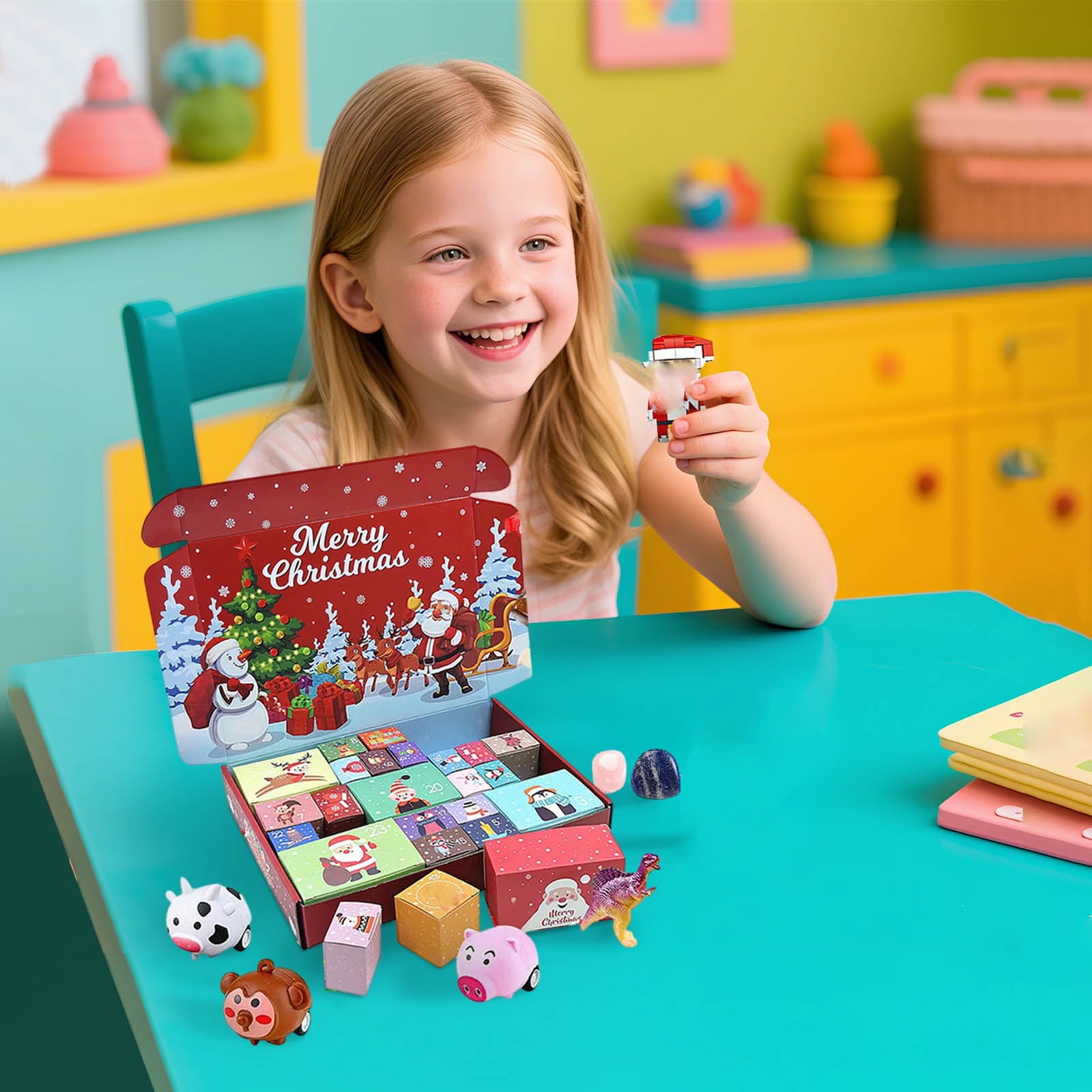 24 PC Christmas 3D Countdown Calendar Toy Set with 24 Toys, Merry Christmas Themed Play Set for Kids, Version A