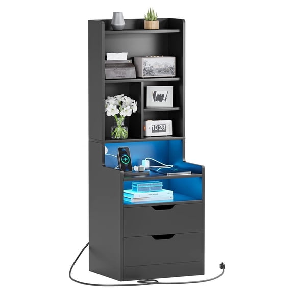 BULYAXIA Tall Nightstand with Charging Station and LED Lights,Black Night Stand with Bookshelf,Bedside Table with Drawers & Power Outlets,End Side Table for Bedrooms