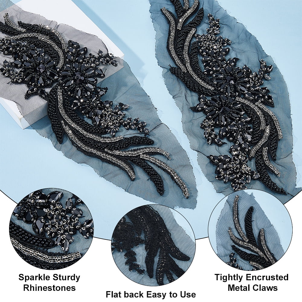 1 Pair Polyester Computerized Embroidery Cloth Iron on/Sew on Patches Flower with Rhinestone and Glass Beads Black 357x127x7.5mm diy