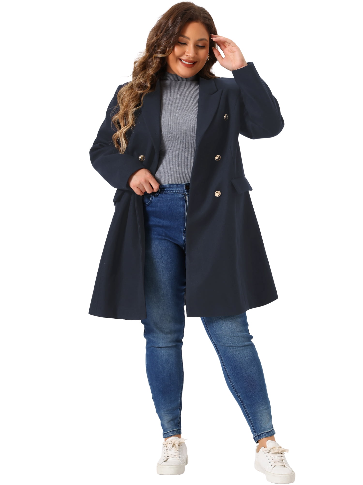 DARING DIVA Womens Plus Size Winter Pea Coat Double Breasted Notch Lapel 3X Navy Blue