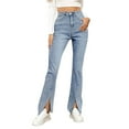 thumbnail image 7 of ManxiVoo Women Split Hem Jeans Elastic Straight Leg High Waist Flared Trousers Versatile Denim Pants M Size Light Blue, 7 of 7
