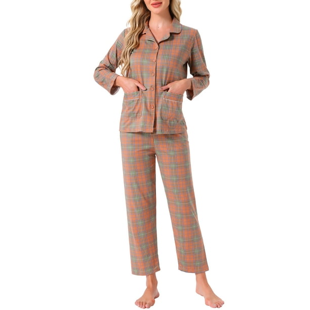 INSPIRE CHIC Conjunto de Pijamas de Mujer a Cuadros de Manga Larga con Pantalones y Botones, con Bolsillos, Color Marrón
