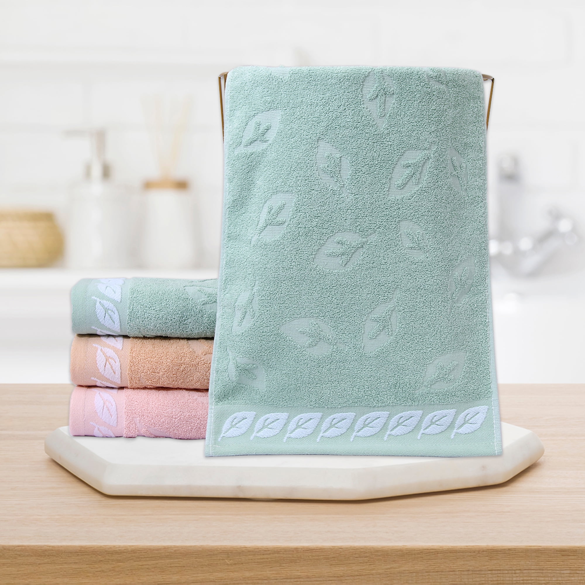 Unique Bargains Leaves Pattern Bathroom Hand Towels Soft Green 2-Piece