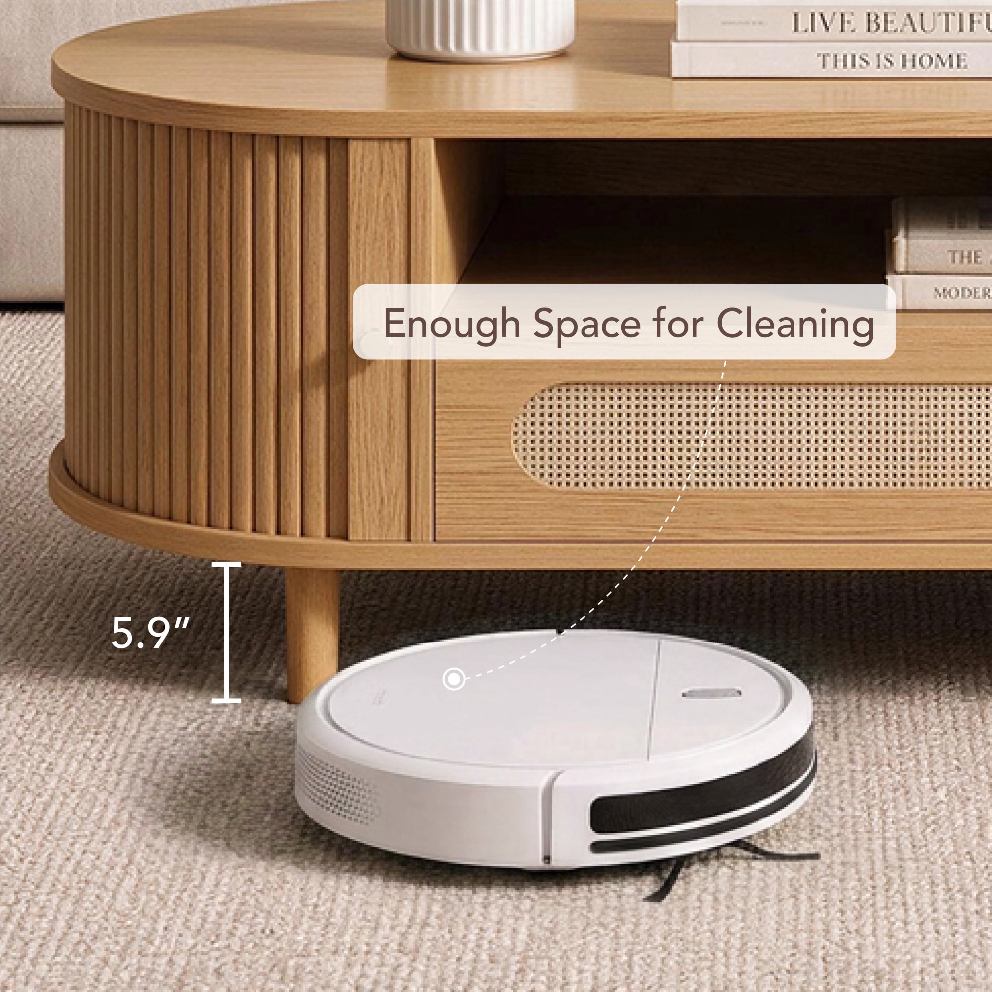 Spruce & Spring 47.2" Mid-Century Modern Rattan Coffee Table with Sliding Doors and Open Storage, Oval Center Table with Rattan Drawer, Solid Wood Legs for Living Room, Oak